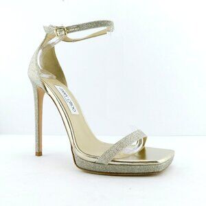 New JIMMY CHOO Platinum Ice Glitter Metallic Heel Ankle Strap Sandals 40.5